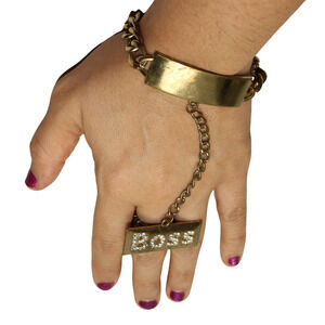 Brass Plate Rhinestone Boss Slave Bracelet Hand Chain Stretch Ring Distressed